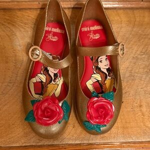 Mini Melissa Gold Dress Shoes with Red Floral Accent (Beauty and the Beast)